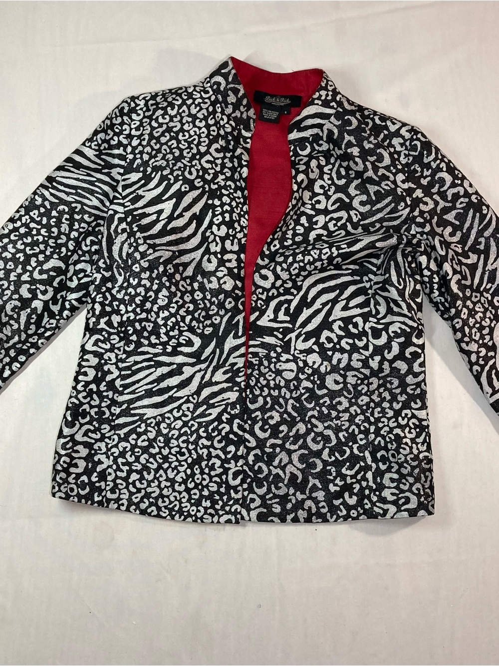 Peck & Peck Black and White Animal Print Blazer with Red Lining